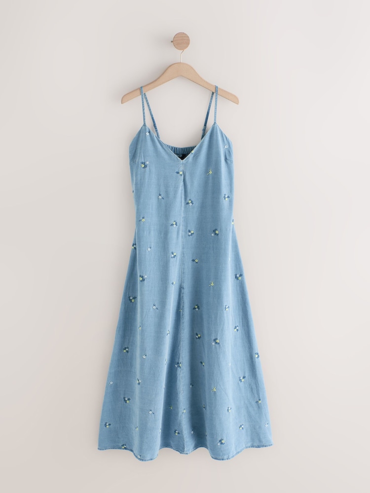 Mid Blue Floral Embroidered TENCEL™ Denim Maxi Slip Dress - Image 1 of 3