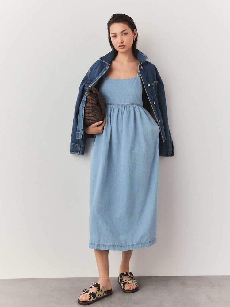 Mid Blue Strappy Denim 100% Cotton Midi Dress - Image 1 of 4