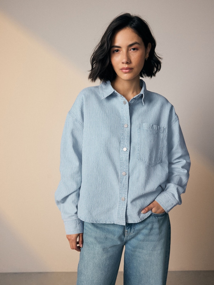 Mid Blue Check Oversize Denim Shirt - Image 1 of 8