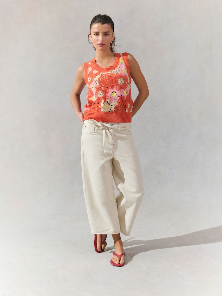 Ecru Tie-Waist Cropped Wide Leg Jeans - Image 1 of 8 Ecru Tie-Waist Cropped Wide Leg Jeans - Image 1 of 8