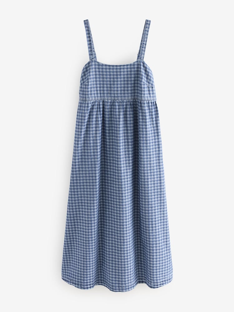 Vichy bleu - Denim mi-long en jean à bretelles 100% coton - Image 1 de 3