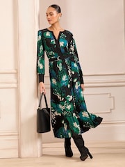 Love & Roses Black Animal Petite Pleated Midi Dress - Image 1 of 4