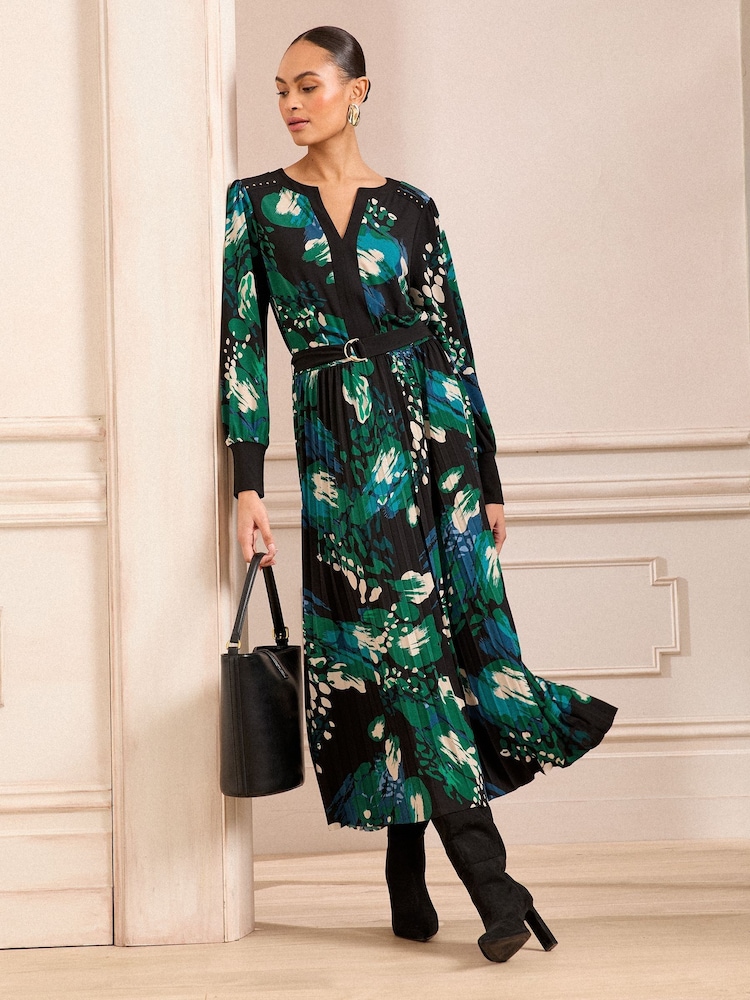 Love & Roses Black Animal Petite Pleated Midi Dress - Image 1 of 4
