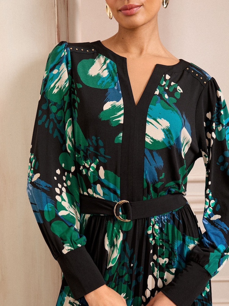 Love & Roses Black Animal Petite Pleated Midi Dress - Image 2 of 4