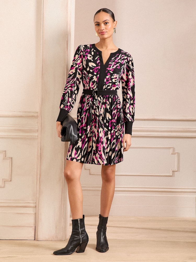 Love & Roses Printed Jersey Pleated Belt Detail Mini Dress - Imagen 1 de 4
