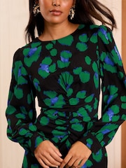 Love & Roses Black Petite Animal Print Ruched Midi Dress - Image 2 of 4