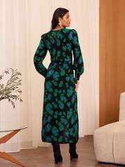 Love & Roses Black Petite Animal Print Ruched Midi Dress - Image 3 of 4