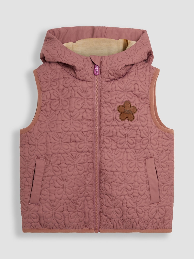 JoJo Maman Bébé Pink Butterfly Quilted Puffer Gilet - Image 1 of 3 JoJo Maman Bébé Pink Butterfly Quilted Puffer Gilet - Image 1 of 3