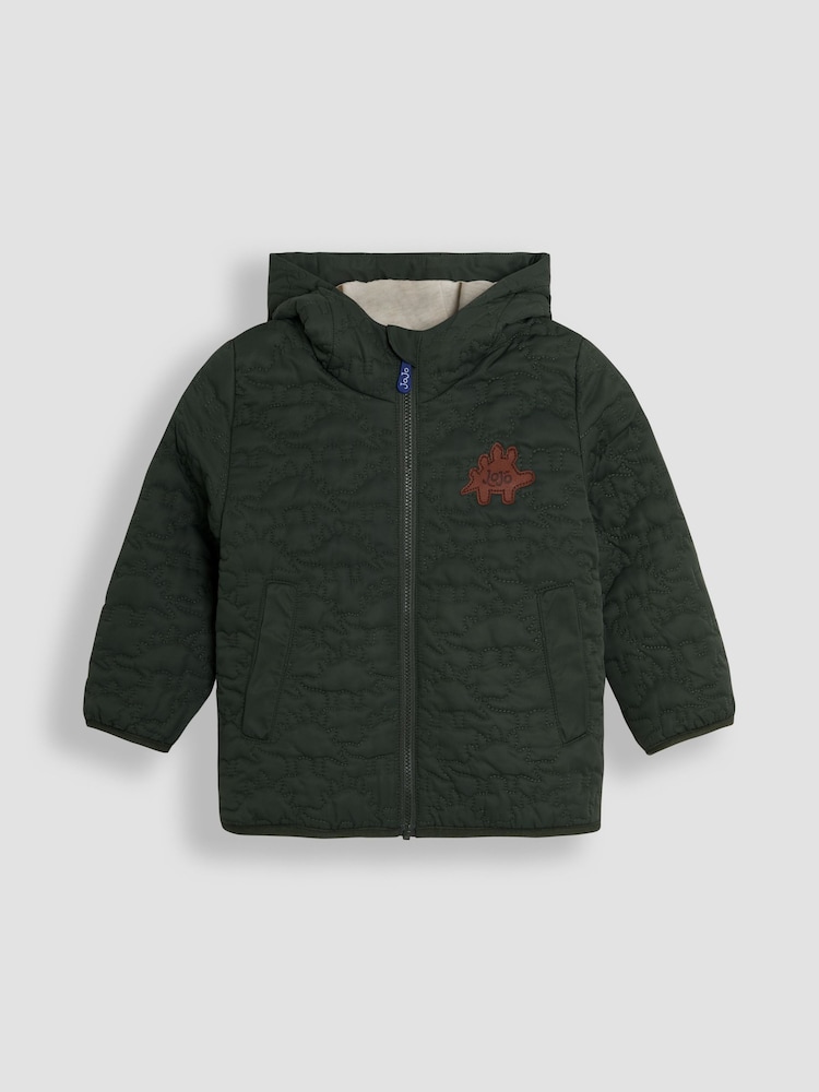 JoJo Maman Bébé Khaki Dinosaur Quilted Puffer Jacket - Image 1 of 4