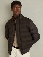 Reiss Chocolate Brown Marsian Patch-Pocket Quilted-Alcantara Jacket - Image 1 of 7