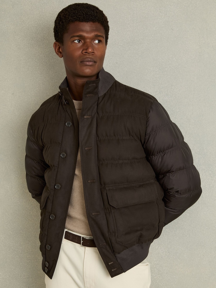 Reiss Chocolate Brown Marsian Patch-Pocket Quilted-Alcantara Jacket - Image 1 of 7