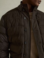 Reiss Chocolate Brown Marsian Patch-Pocket Quilted-Alcantara Jacket - Image 6 of 7
