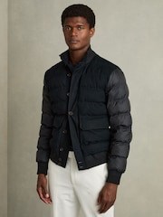 Reiss Navy Marsian Patch-Pocket Quilted-Alcantara Jacket - Image 1 of 6