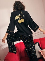 Rockett St George Black and Gold Cherries Satin Button Through Pyjamas - Image 1 of 9