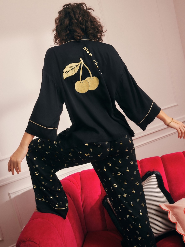 Rockett St George Black and Gold Cherries Satin Button Through Pyjamas - Image 1 of 9