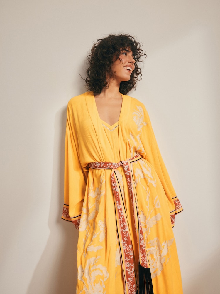 Rockett St George Ochre Yellow Floral Print Embroidered Robe - Image 2 of 6