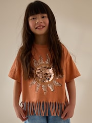 Orange Sequin Sun Fringe 100% Cotton T-Shirt (3-16yrs) - Image 1 of 8