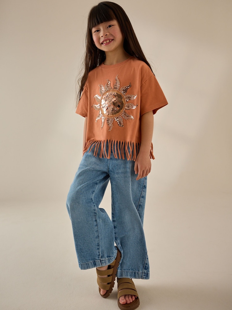 Orange Sequin Sun Fringe 100% Cotton T-Shirt (3-16yrs) - Image 2 of 8