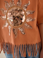 Orange Sequin Sun Fringe 100% Cotton T-Shirt (3-16yrs) - Image 4 of 8