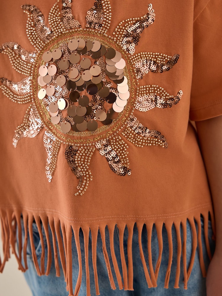 Orange Sequin Sun Fringe 100% Cotton T-Shirt (3-16yrs) - Image 4 of 8