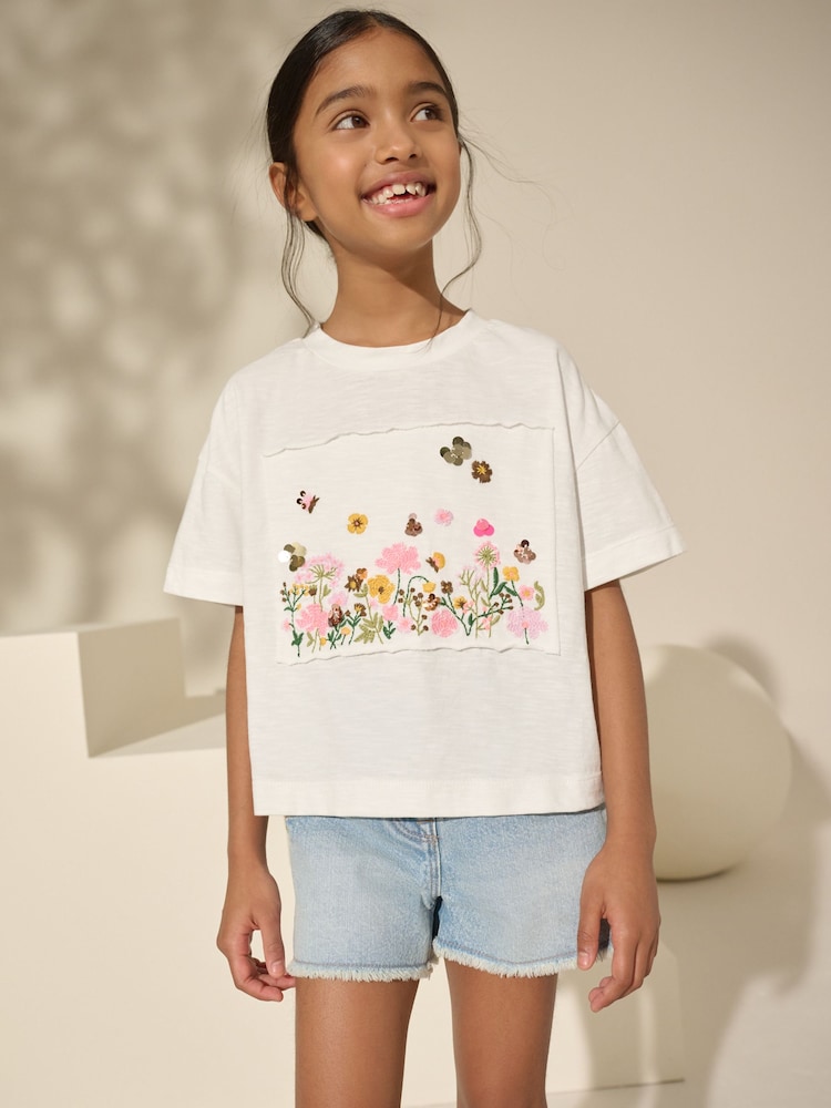White 100% Cotton Sequin Embroidered Floral Print T-Shirt (3-16yrs) - Image 1 of 4
