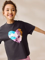 Charcoal Grey Sequin Heart Print T-Shirt (3-16yrs) - Image 1 of 8