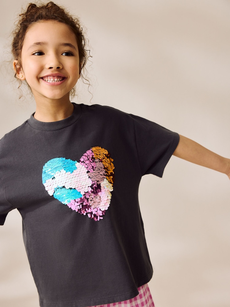 Charcoal Grey Sequin Heart Print T-Shirt (3-16yrs) - Image 1 of 8