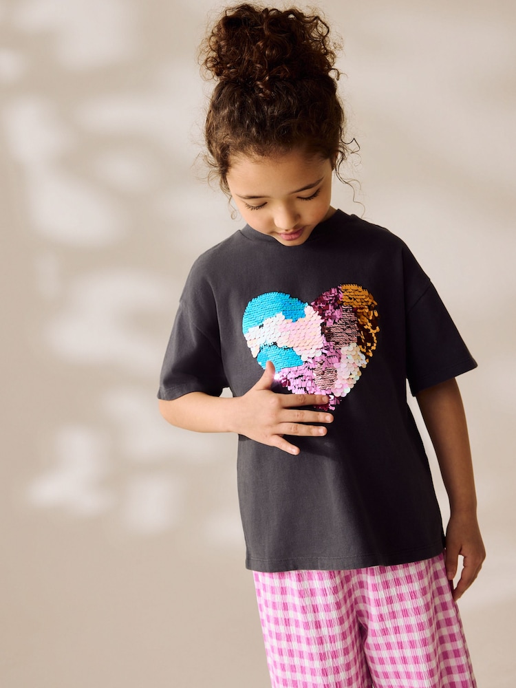 Charcoal Grey Sequin Heart Print T-Shirt (3-16yrs) - Image 2 of 8