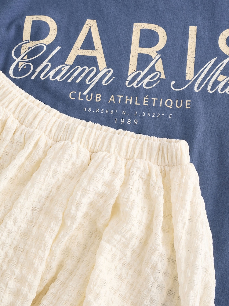 Navy/White Oversized T-Shirt and Bubble 100% Cotton Skirt Set (3-16yrs) - Image 11 of 12