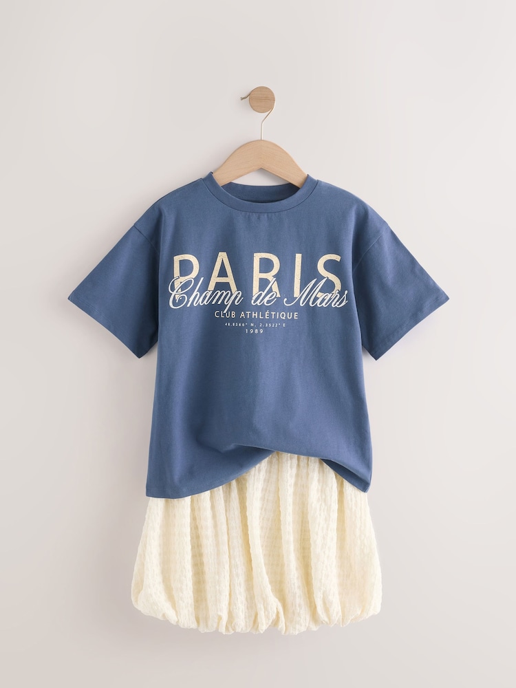 Navy/White Oversized T-Shirt and Bubble 100% Cotton Skirt Set (3-16yrs) - Image 9 of 12