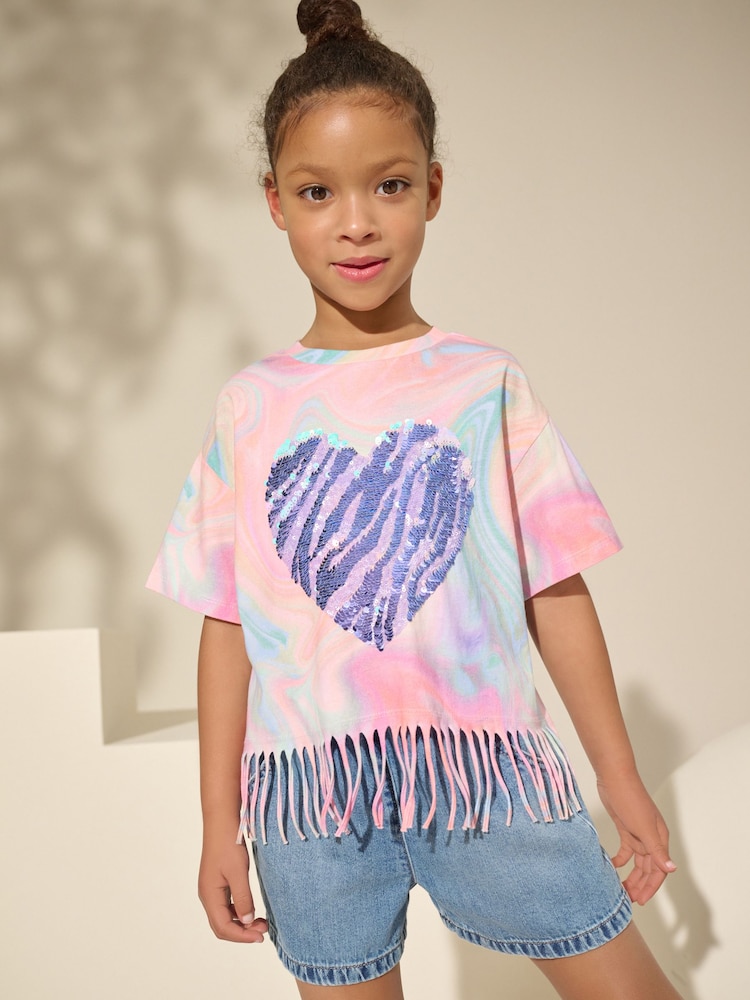 Pink/Blue Sequin Heart Fringe T-Shirt (3-16yrs) - Image 1 of 4