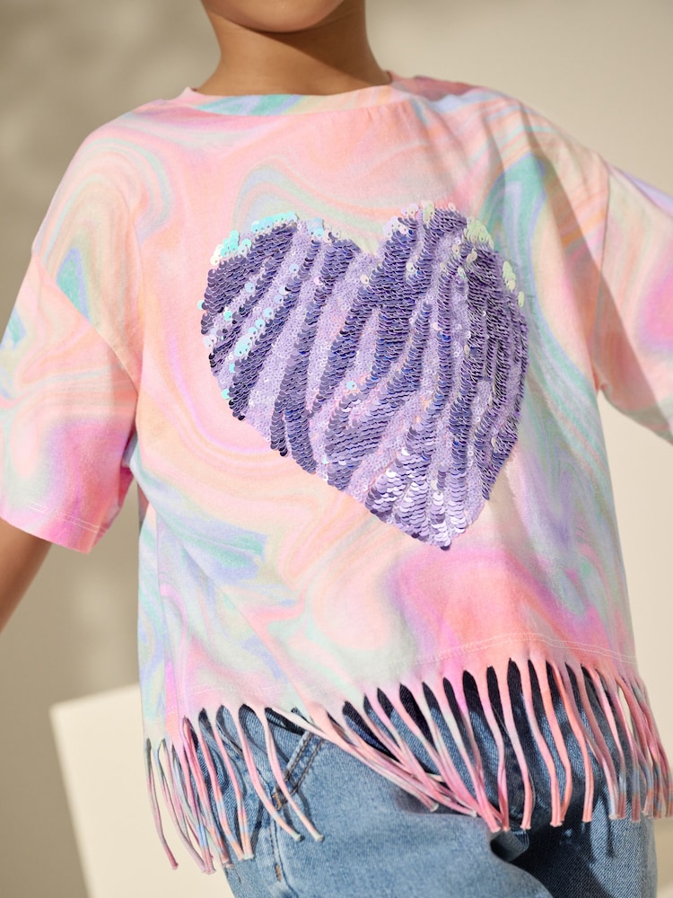 Pink/Blue Sequin Heart Fringe T-Shirt (3-16yrs) - Image 2 of 4