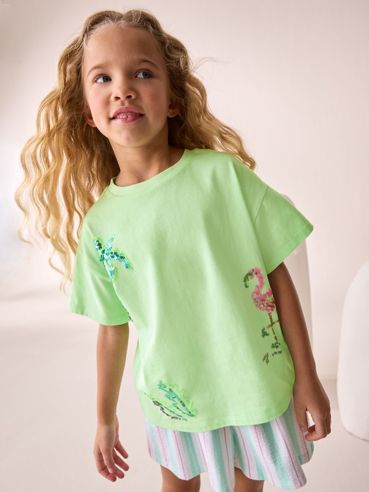 Lime Green Oversized Sequin Graphic Print T-Shirt (3-16yrs) - Image 1 of 9