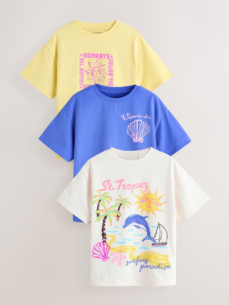 Yellow/Blue Beach Print Oversized T-Shirts 3 Pack (3-16yrs) - Image 1 of 7