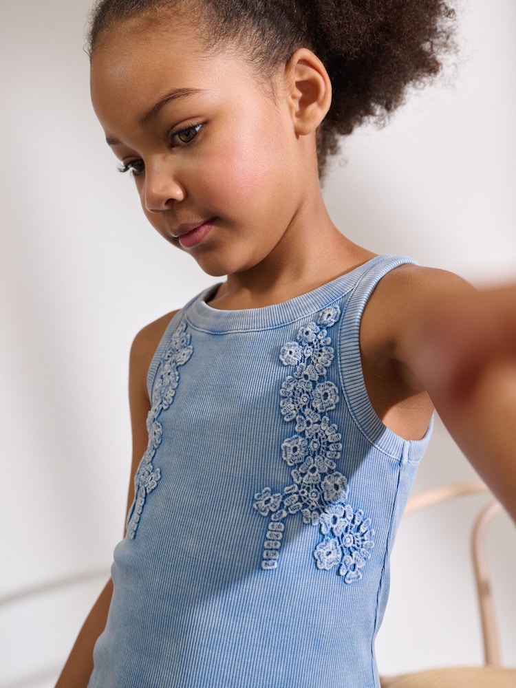Blue Floral Crochet Rib Vest (3-16yrs) - Image 1 of 3