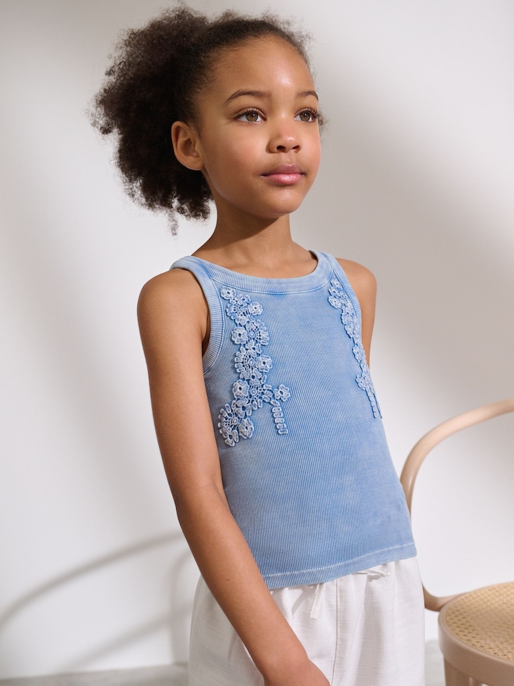 Blue Floral Crochet Rib Vest (3-16yrs) - Image 2 of 3