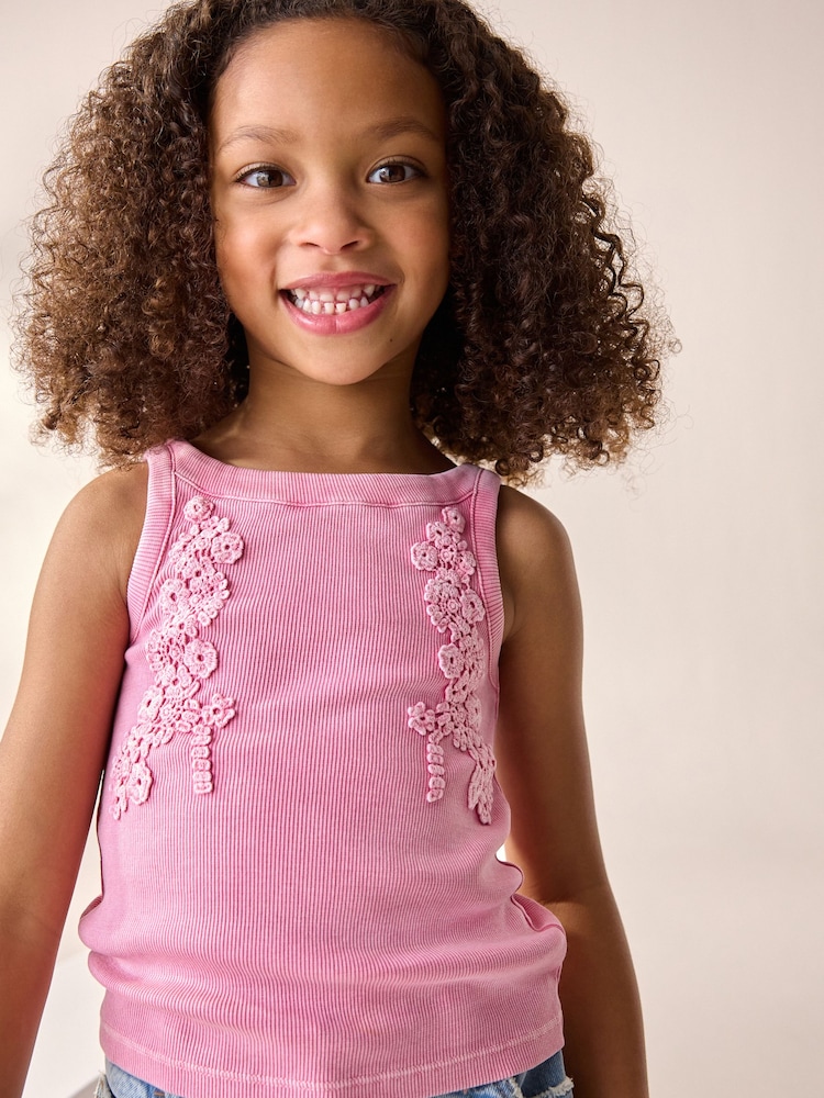 Pink Floral Crochet Rib Vest (3-16yrs) - Image 1 of 3