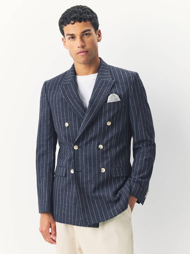 Navy Regular Fit Striped Double Breasted Suit Jacket - Image 1 of 9 Navy Regular Fit Striped Double Breasted Suit Jacket - Image 1 of 9