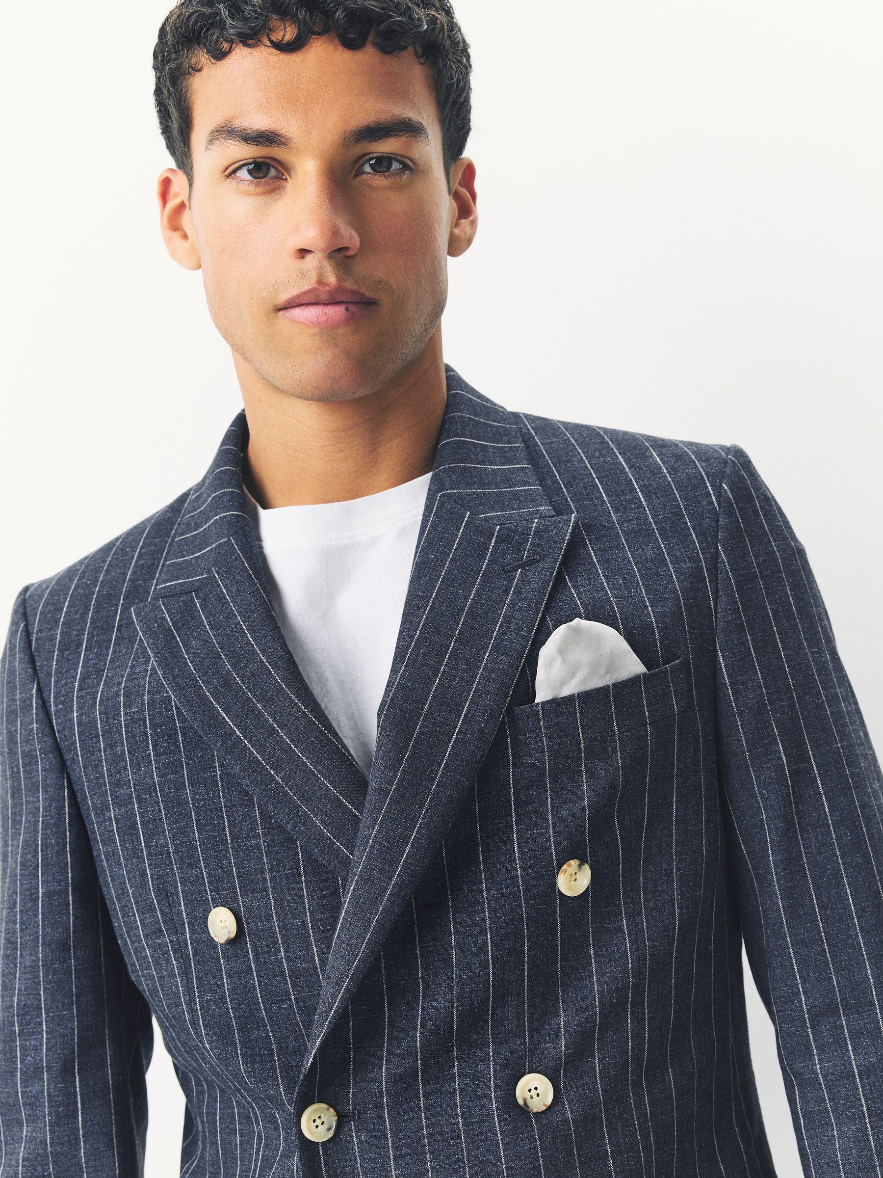 Buy Navy Regular Fit Striped Double Breasted Suit Jacket from the