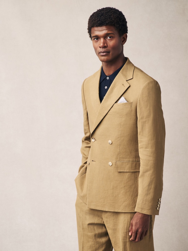 Stone Linen Double Breasted Suit Jacket - Image 2 of 5 Stone Linen Double Breasted Suit Jacket - Image 2 of 5