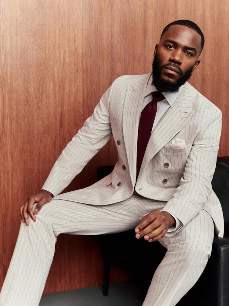 Neutral Striped Double Breasted Suit Jacket With Linen - Image 1 of 5 Neutral Striped Double Breasted Suit Jacket With Linen - Image 1 of 5