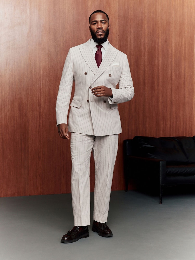 Neutral Striped Double Breasted Suit Jacket With Linen - Image 2 of 5 Neutral Striped Double Breasted Suit Jacket With Linen - Image 2 of 5