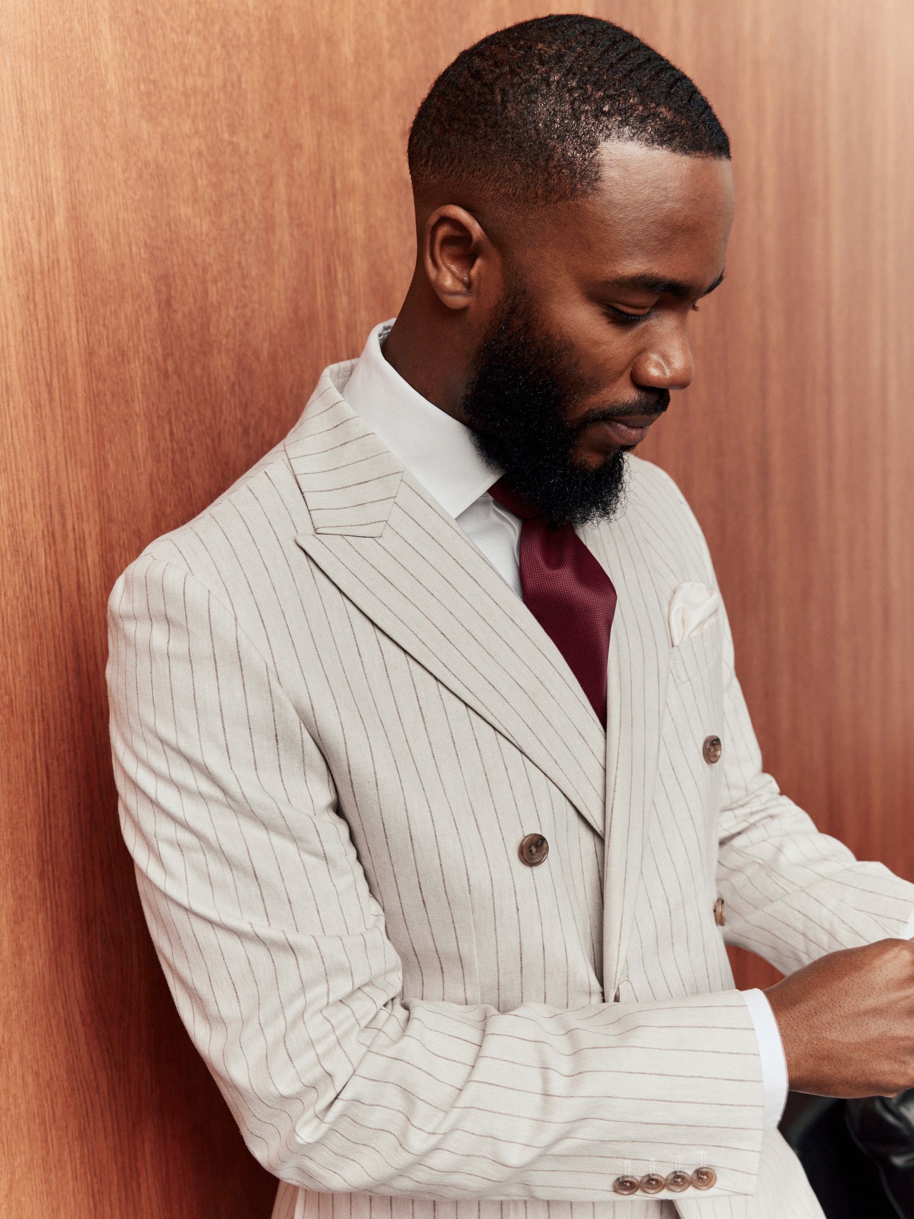 Buy Neutral Striped Double Breasted Suit Jacket With Linen