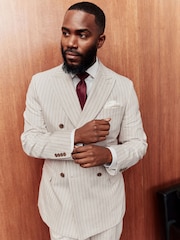 Neutral Striped Double Breasted Suit Jacket With Linen - Image 4 of 5