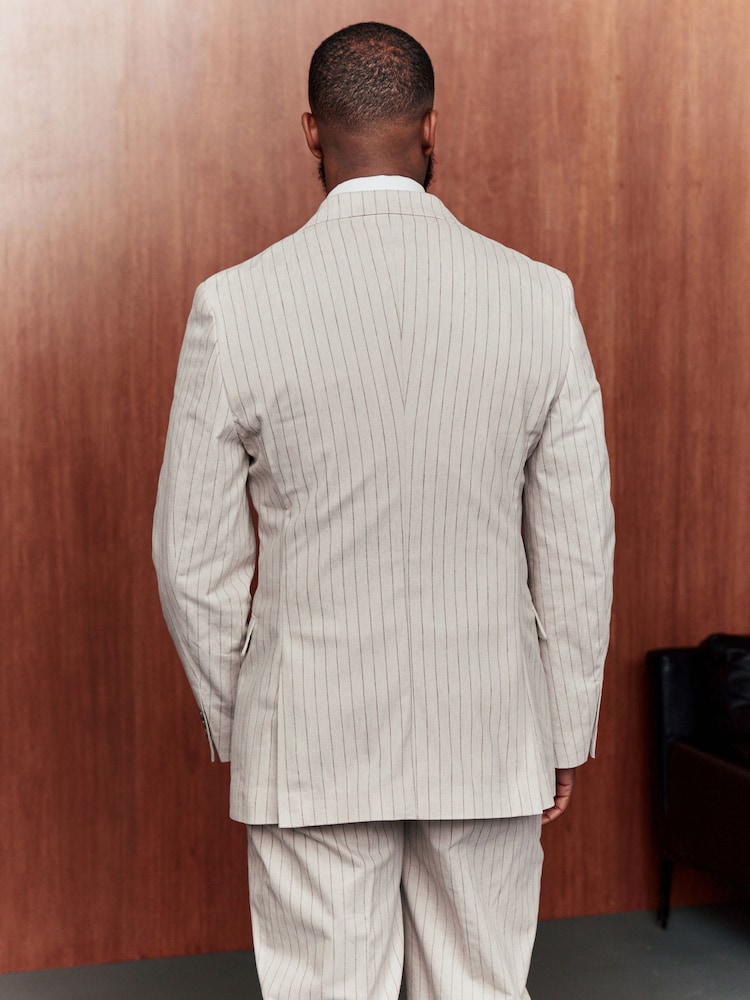 Neutral Striped Double Breasted Suit Jacket With Linen - Image 5 of 5 Neutral Striped Double Breasted Suit Jacket With Linen - Image 5 of 5