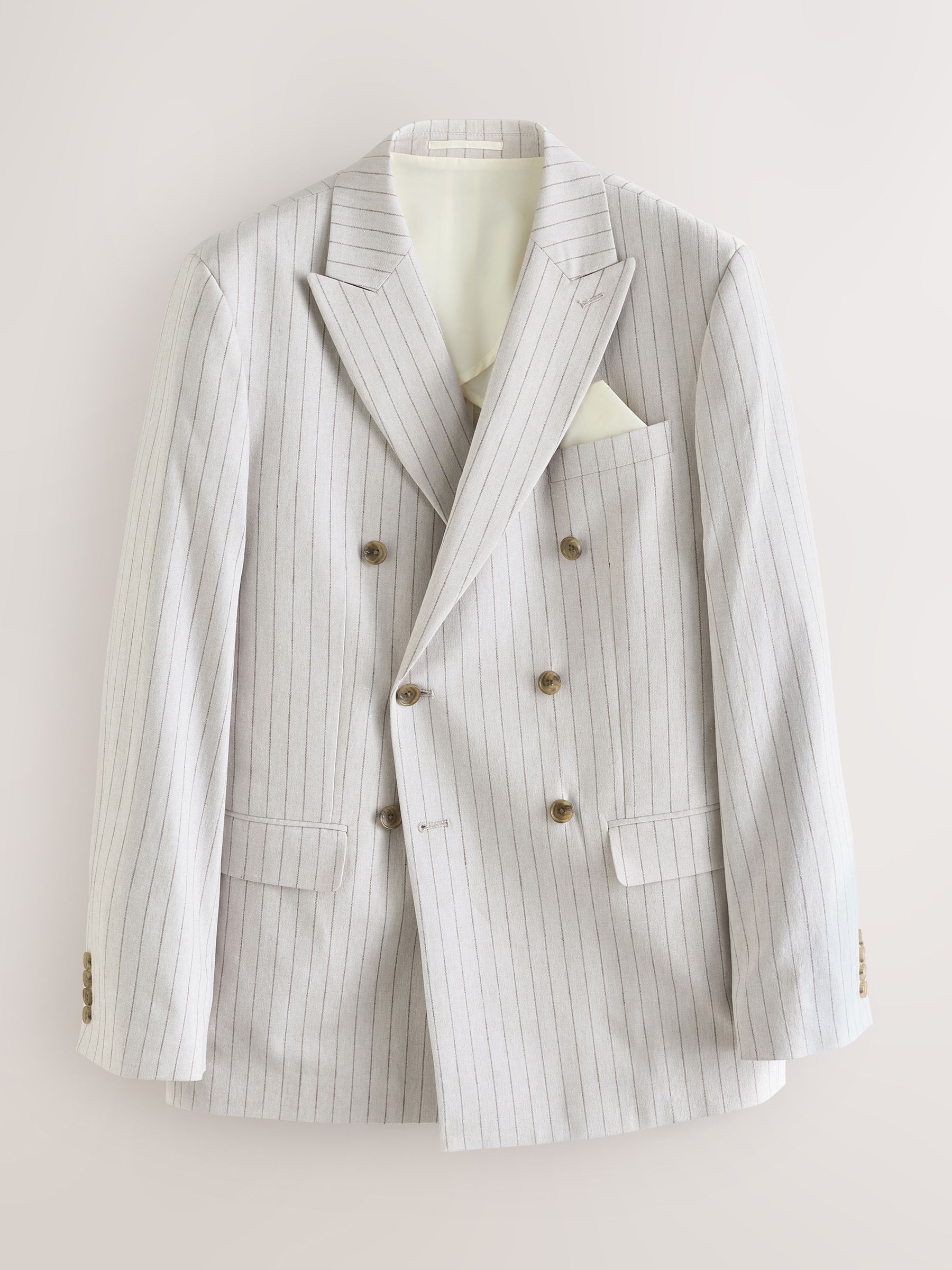 Buy Neutral Striped Double Breasted Suit Jacket With Linen from
