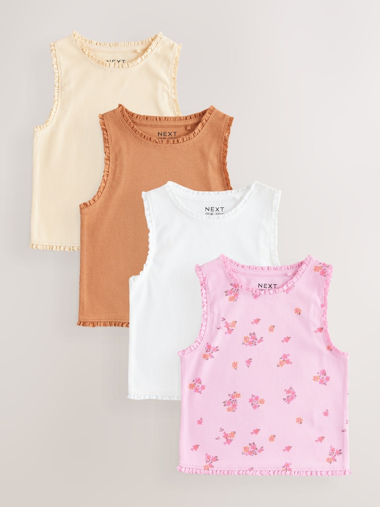 Pink/Orange/Yellow Floral Rib Vest 4 Pack (3-16yrs) - Image 1 of 11