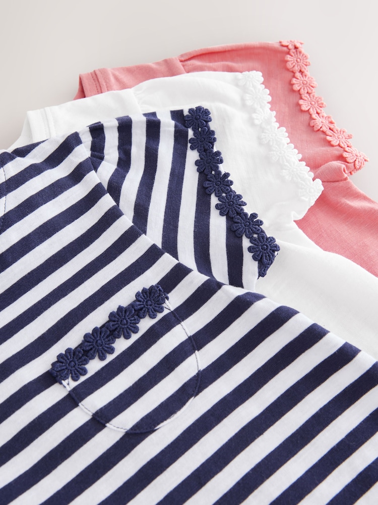 Blue/Pink/White Daisy Trim T-Shirts 3 Pack (1.5-16yrs) - Image 10 of 10