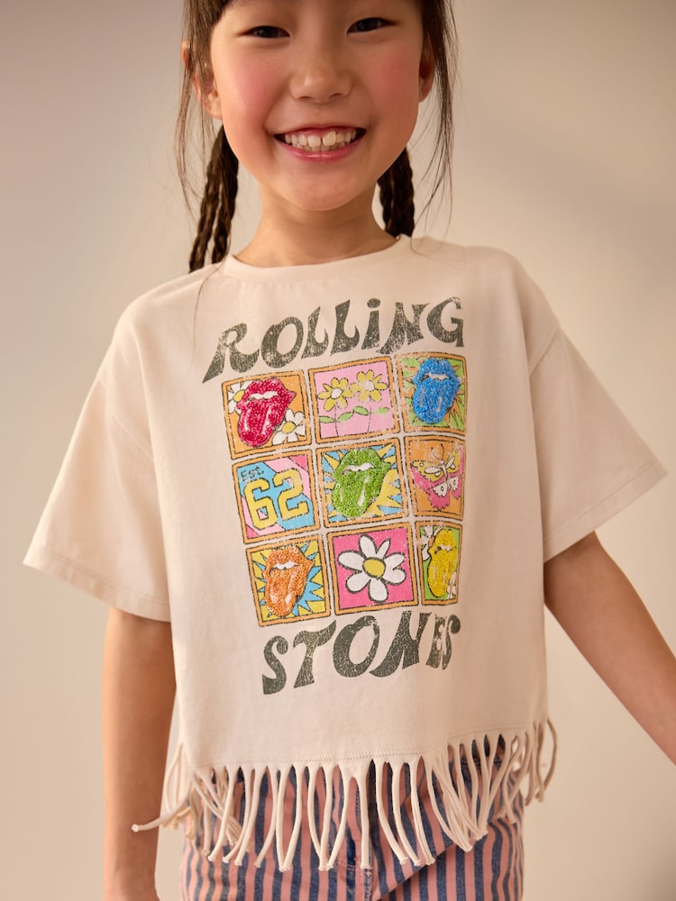 Neutral 100% Cotton Sequin Rolling Stones Fringe T-Shirt (3-16yrs) - Image 1 of 4