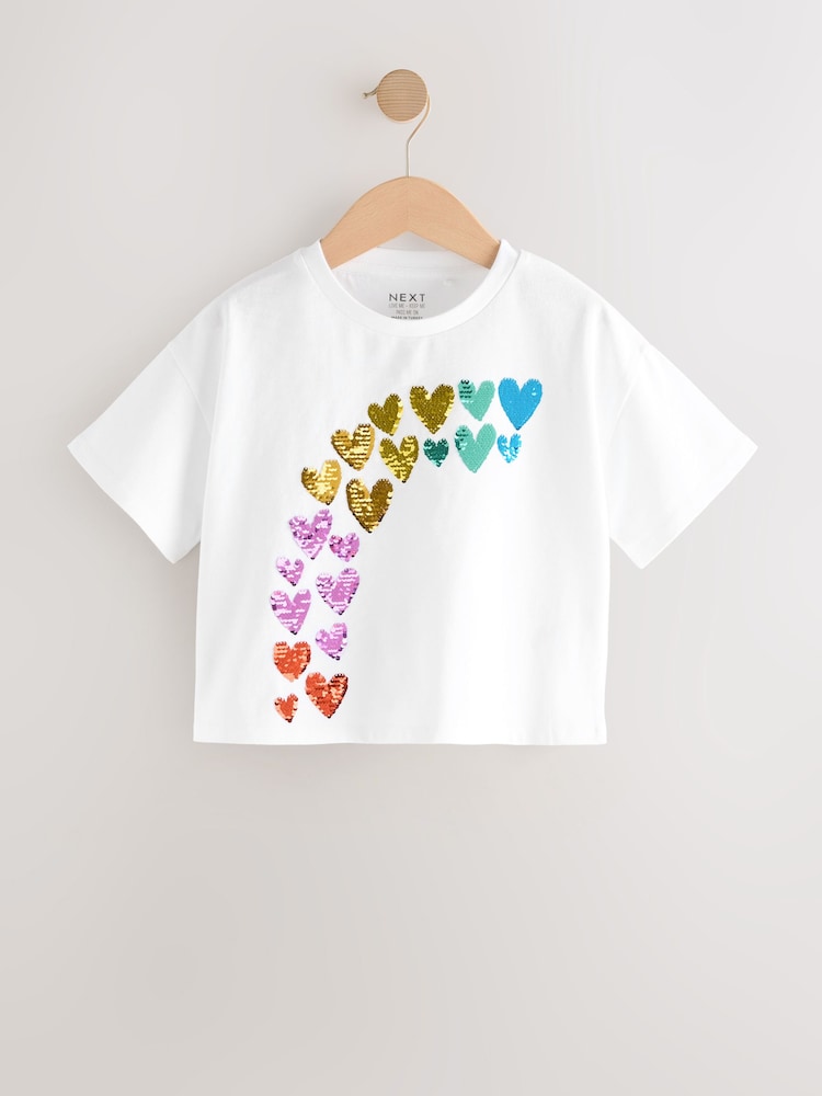 White Gold Sequin Heart Print T-Shirt (3-16yrs) - Image 1 of 4